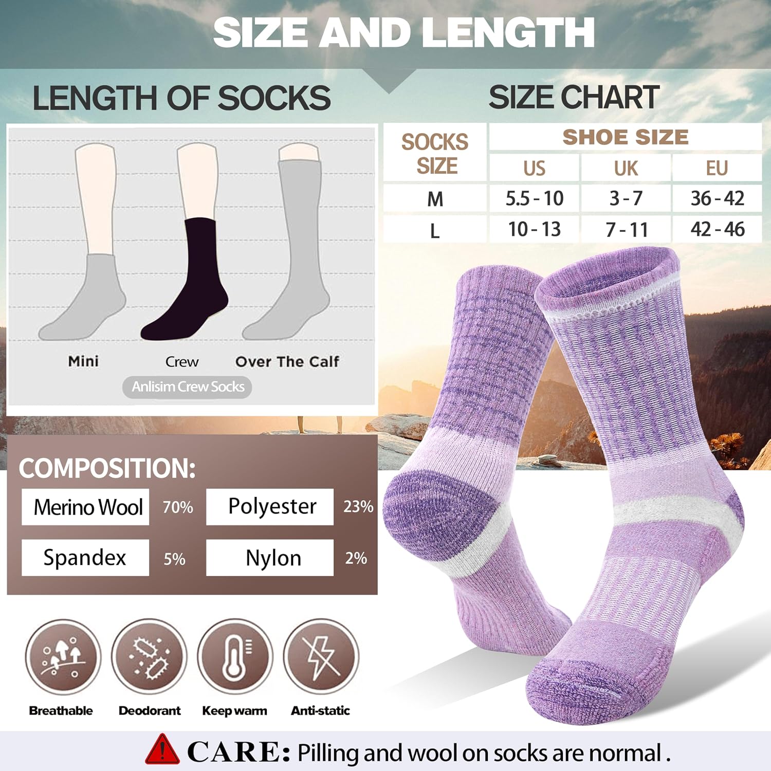 Anlisim Merino Wool Hiking Running Socks for Women, Boot Work Crew Socks