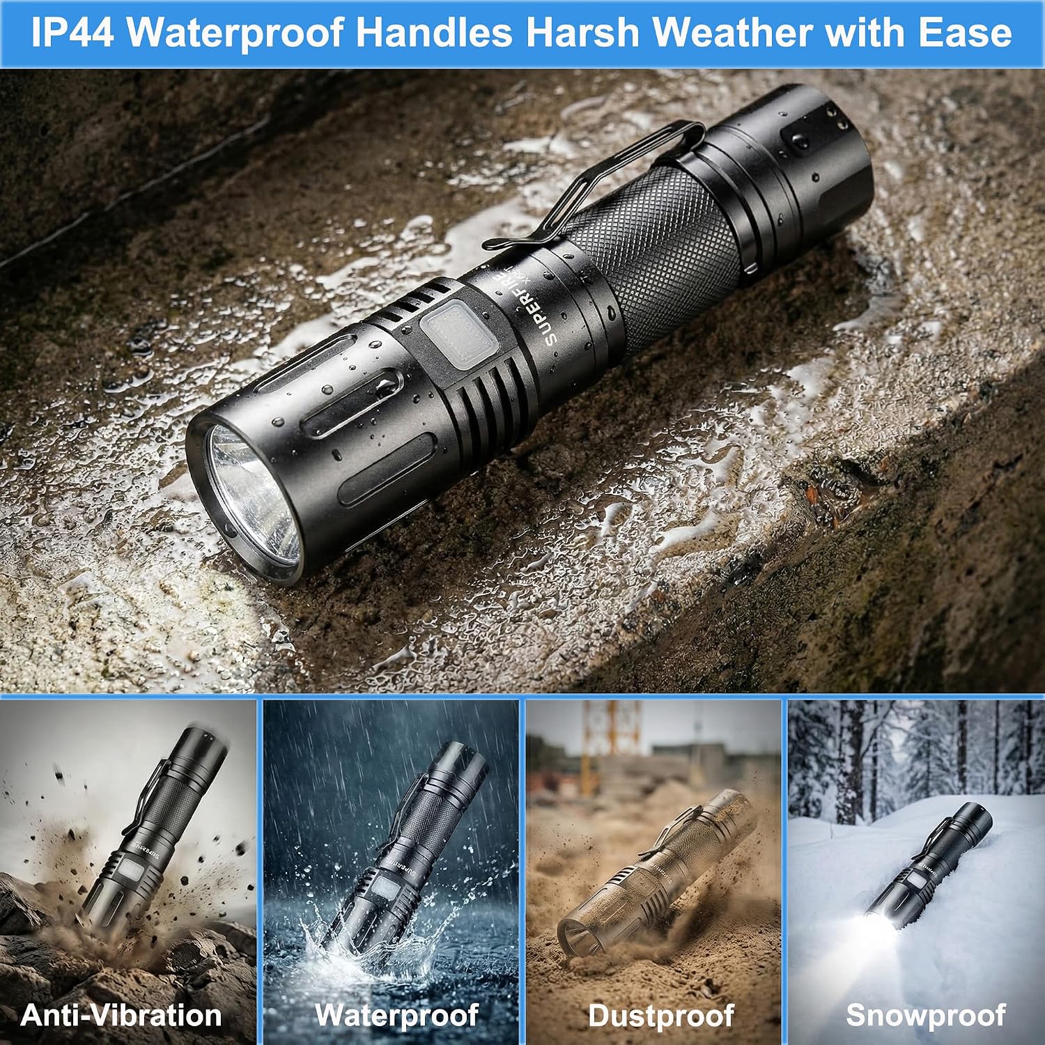 SuperFire Tactical Flashlight Rechargeable, 3000 Lumens Powerful Zoomable LED Flashlight, USB-C Charging & IP44 Waterproof with 5 Modes for Camping, Hiking, Emergency, Home Use