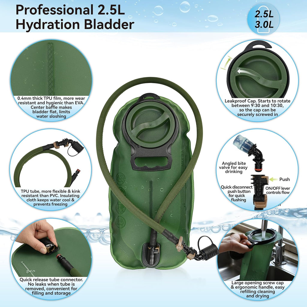 MARCHWAY Tactical Molle Hydration Pack with 2.5L TPU Water Bladder, Low-Profile Organized Military Backpack for Hiking, Cycling, Backpacking, Hunting, Running