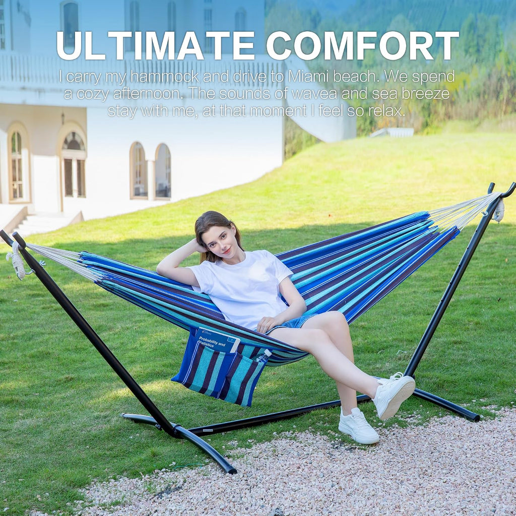 Double Hammock with Stand for Outside, Heavy-Duty, Portable (Blue Lagoon)