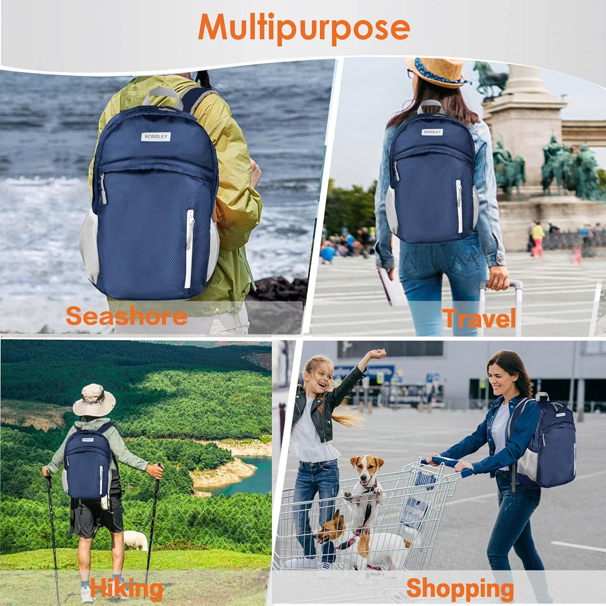 Waterproof Foldable Hiking Backpack, Lightweight Beach Bag DarkBlue