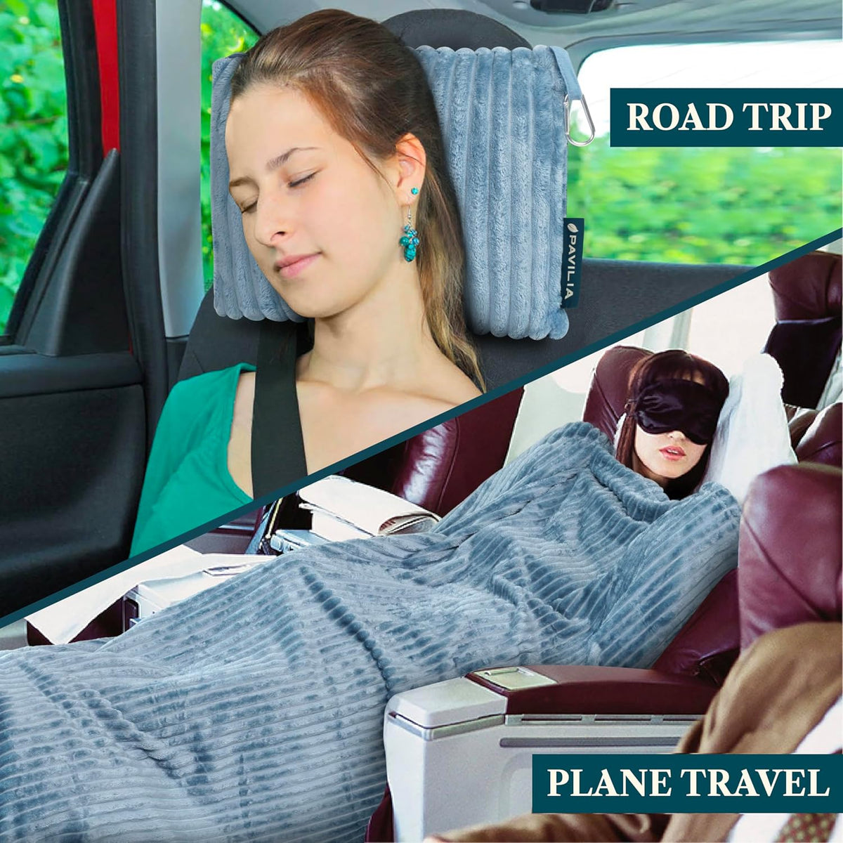 PAVILIA Travel Blanket Pillow, Soft Ribbed Fleece Airplane Blanket, Blue
