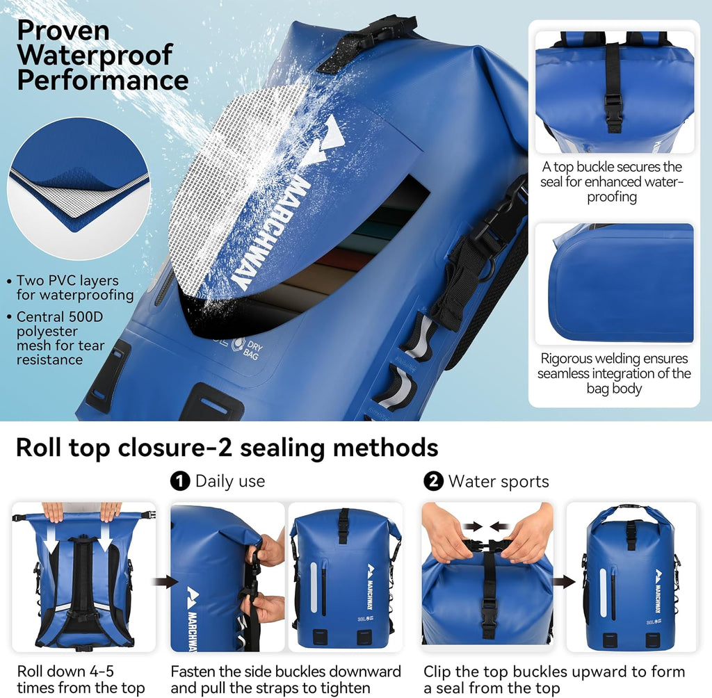 MARCHWAY Roll Top Waterproof Backpack, Floating Dry Bag 20L/30L/45L with Ergonomic Rectangular Base, Cushioned Back, Hip Strap for Hiking Camping Kayaking Travel (Blue, 30L)