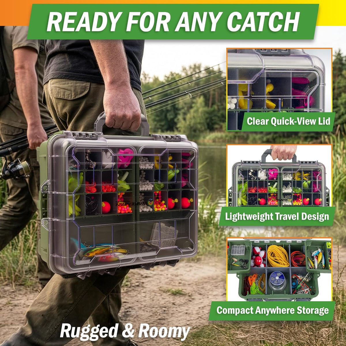 Fishing Tackle Box Organizer - Dual Layer Heavy Duty Plastic Tacklebox Storage Box with Adjustable Dividers and 2 Removeable Tackle Trays - Fishing Gear and Equipment by Wakeman Outdoors (Green)