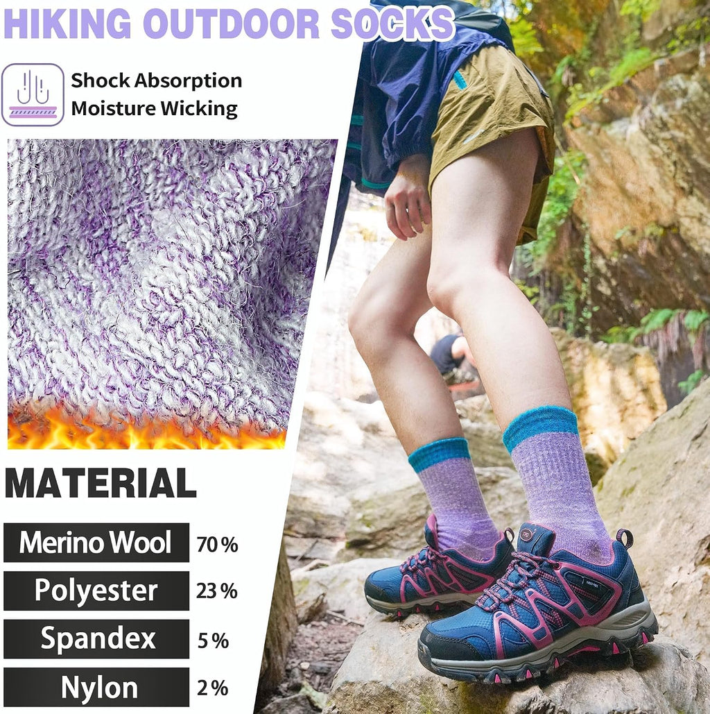 Merino Wool Hiking Socks Thermal Warm Winter Cozy Cushioned Moisture Wicking Crew Socks for Women 5 Pairs