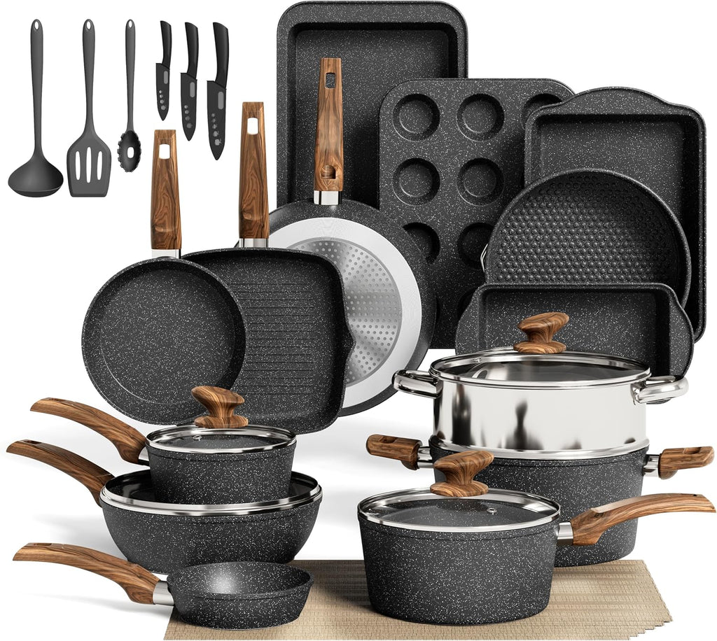MAISON ARTS 30 Pcs Pots and Pans, Granite Induction Cookware Sets Non Stick