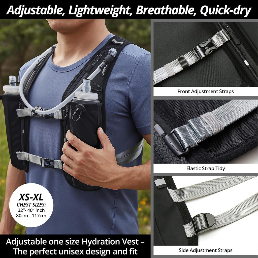 Running Hydration Vest for Women and Men. Reflective, 8 Pocket, Quick Dry, Water-Resistant, Breathable, Adjustable Backpack for Runs, Hiking, Cycling, Trails, Marathons