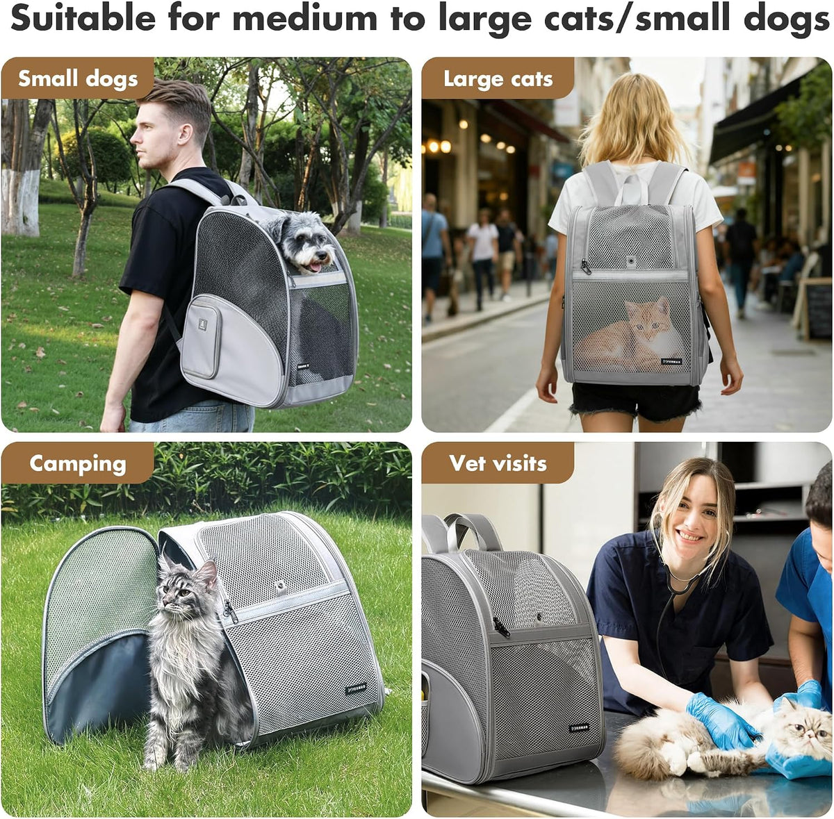 Pet Backpack Carrier ，Large Cat Carrier Backpack Up to 20 Lbs with Breathable Mesh, for Medium Large Cats or Small Dogs, Travel Hiking Camping Backpack (Gray-XL)