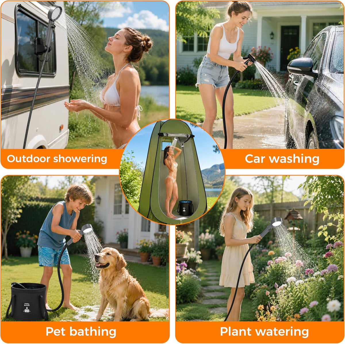 hillhub Portable Camping Shower Kit with 1500W Heater & 6000mAh Pump | Immersion Heater, Rechargeable IPX7 Pump, 5.3-Gal Bucket, 4-Mode Head, 6'7" Hose — for RV, Pet Bath, Car Wash, Beach & Hiking