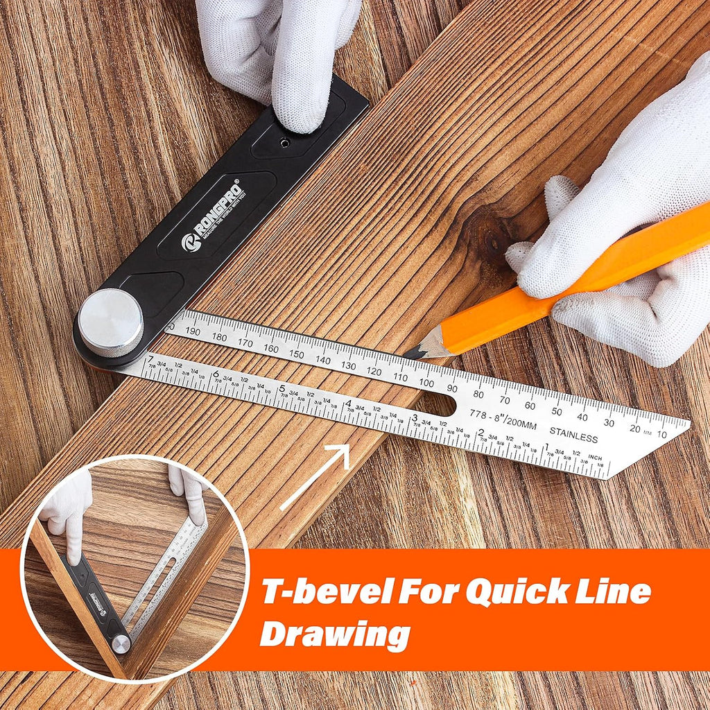 10Inch Woodworking Square Ruler and T-Bevel Gauge Set - 1/16" Precision,Sliding T-Bevel and T Measurements Ruler, Aluminum Handle Carpenter Square Layout Tool for Woodworking -Imperial…