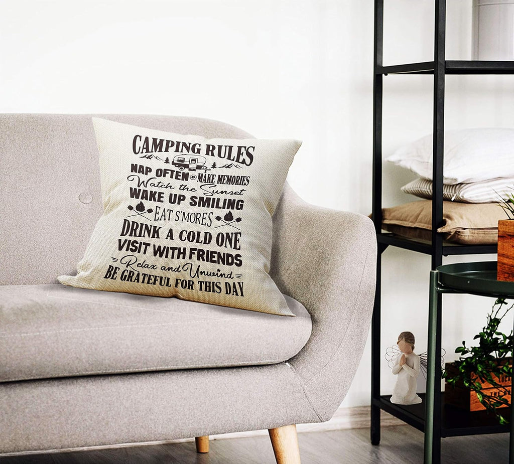 Mancheng-zi Camping Rules RV Pillows Throw Pillow Case, Travel Trailer Pillows, RV Pillow Covers, 18 x 18 Inch Decorative Cotton Linen Cushion Cover for Sofa Couch Bed