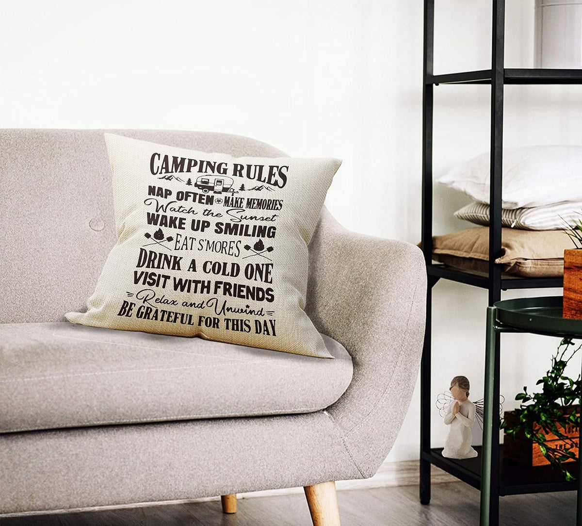 Mancheng-zi Camping Rules RV Pillows Throw Pillow Case, Travel Trailer Pillows, RV Pillow Covers, 18 x 18 Inch Decorative Cotton Linen Cushion Cover for Sofa Couch Bed