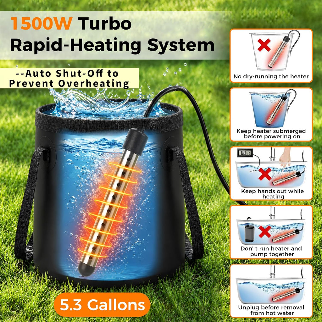 hillhub Portable Camping Shower Kit with 1500W Heater & 6000mAh Pump | Immersion Heater, Rechargeable IPX7 Pump, 5.3-Gal Bucket, 4-Mode Head, 6'7" Hose — for RV, Pet Bath, Car Wash, Beach & Hiking