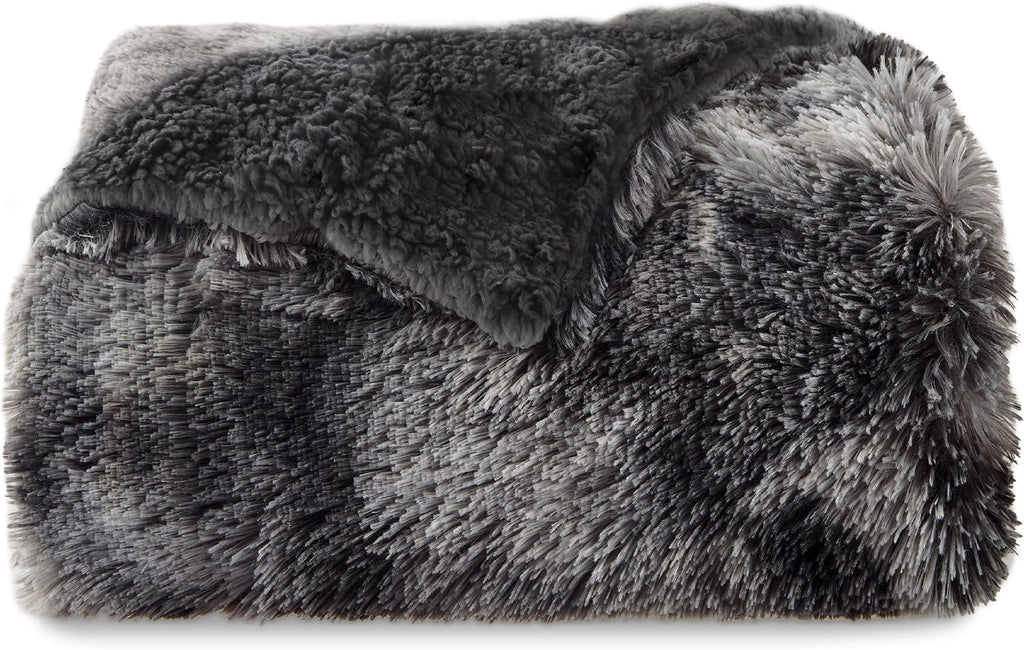 Bedsure Faux Fur Fluffy Sherpa Blanket Couch Throw Tie Dye Black 50"x60"