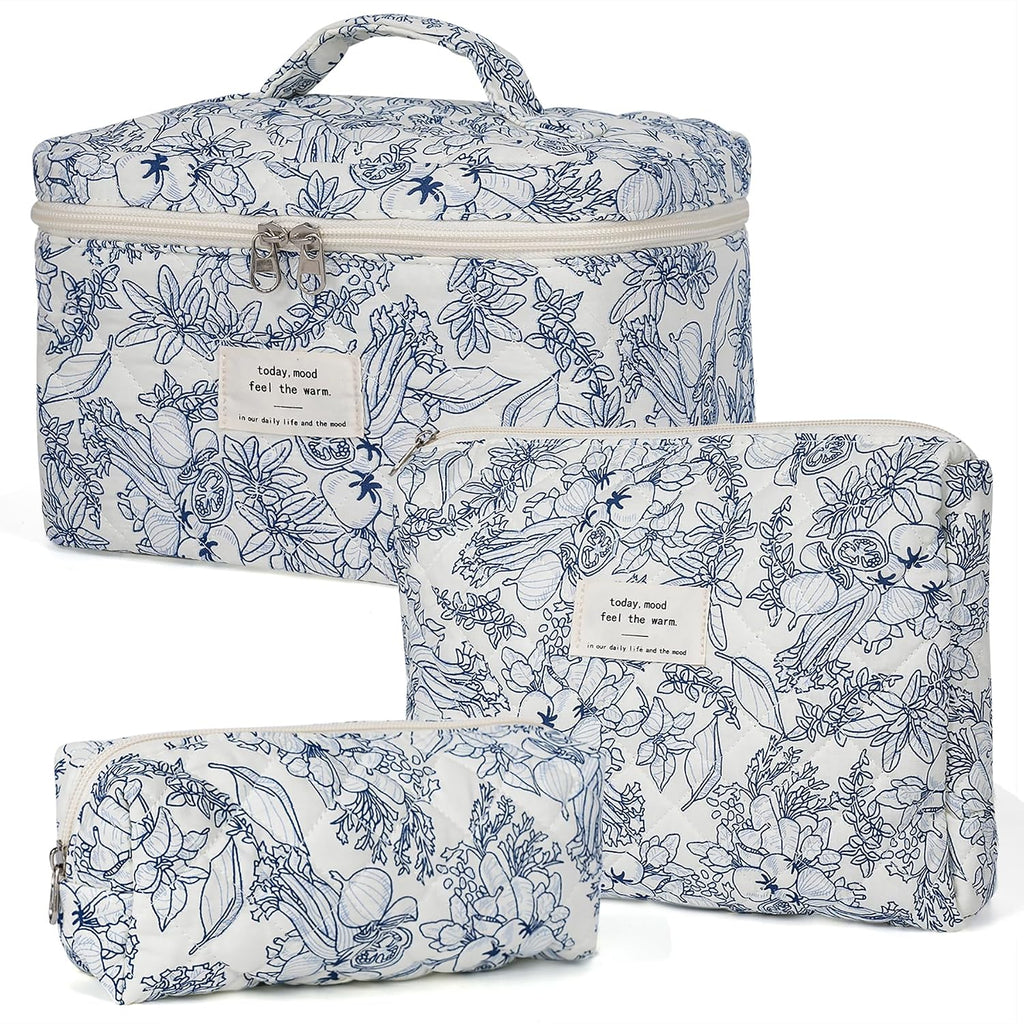 honitty Makeup Bag,Quilted Cosmetic Bags,Large Floral Make Up Organize bag,Makeup Bag Set for Women,Flower Travel Toiletry Bag