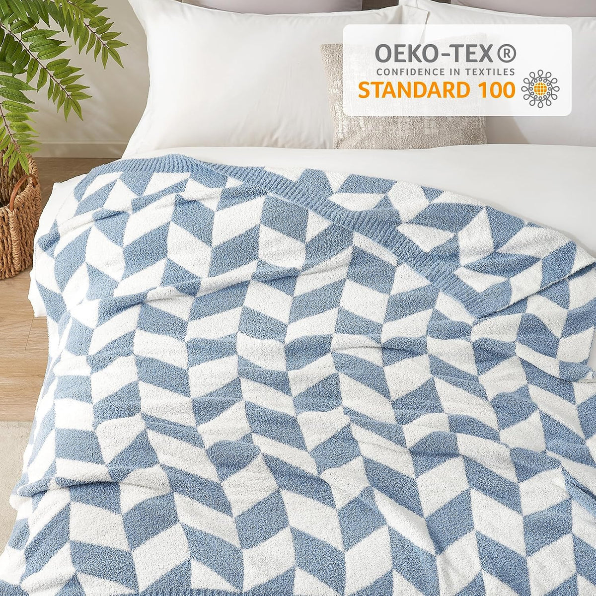 Snuggle Sac Chevron Throw Blanket for Couch, Reversible Super Soft Warm Blankets Cozy Knit Fuzzy Plush Lightweight Throws for Sofa, Bed, Camping, Blue, 50x60 inches