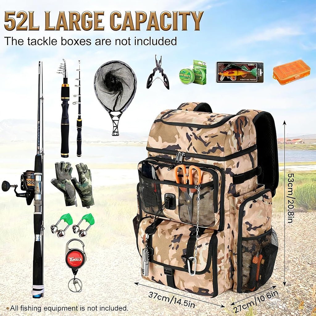 VJI 52L Large Fishing Tackle Backpack with Rod Holders, Khaki Camo