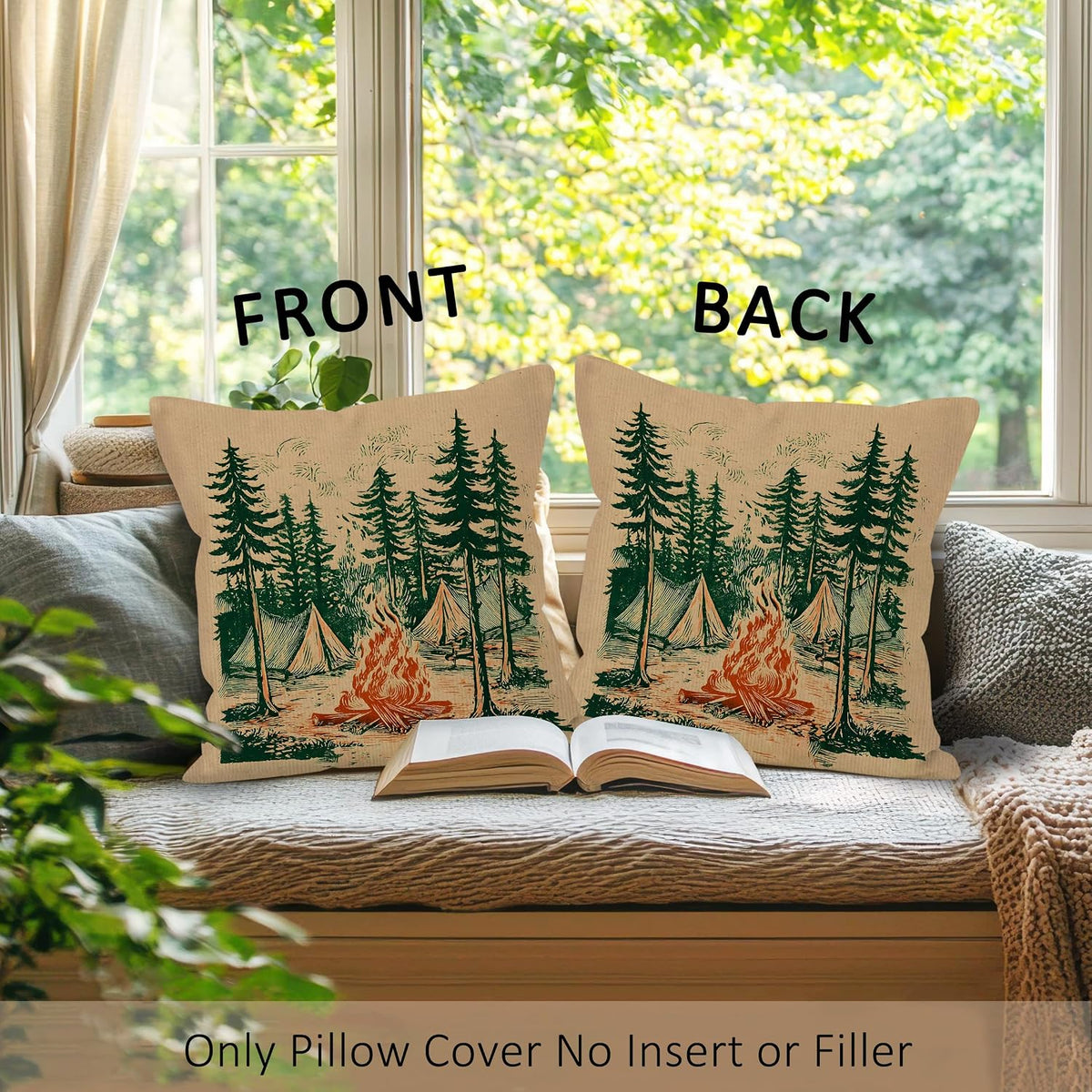 Rustic Camping Forest Throw Pillow Covers, Vintage Camper Pillow Case Cover for Couch, Campfire Square Pillowcase, Retro Camping Decor Cushion Cover Case for Bedroom Living Room, 18x18 in