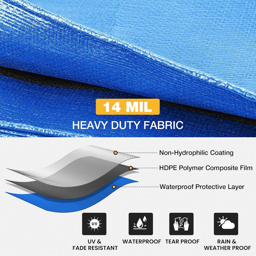 Winpull Heavy Duty Tarp 14 Mil Tarp Waterproof Blue 16x20 FT, UV Resistant Poly Tarp with Reinforced Grommets for Camping, Boat Cover, Patio Furniture, Roof, Firewood Pile