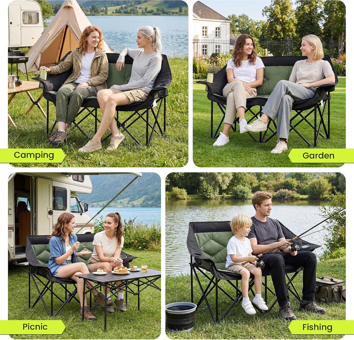 Oversized Double Camping Chairs 2 Person Folding Loveseat(Green)