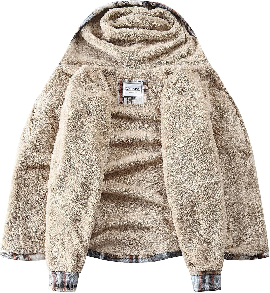 Men's Zip Up Flannel Shirt Jacket Fleece Lined with Hood