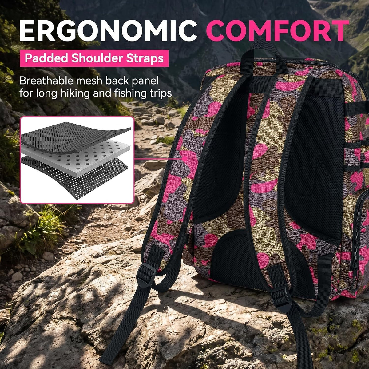 Handor Fishing Tackle Backpack, 50L Capacity, Waterproof Fishing Gear Bag (Camouflage Rose)