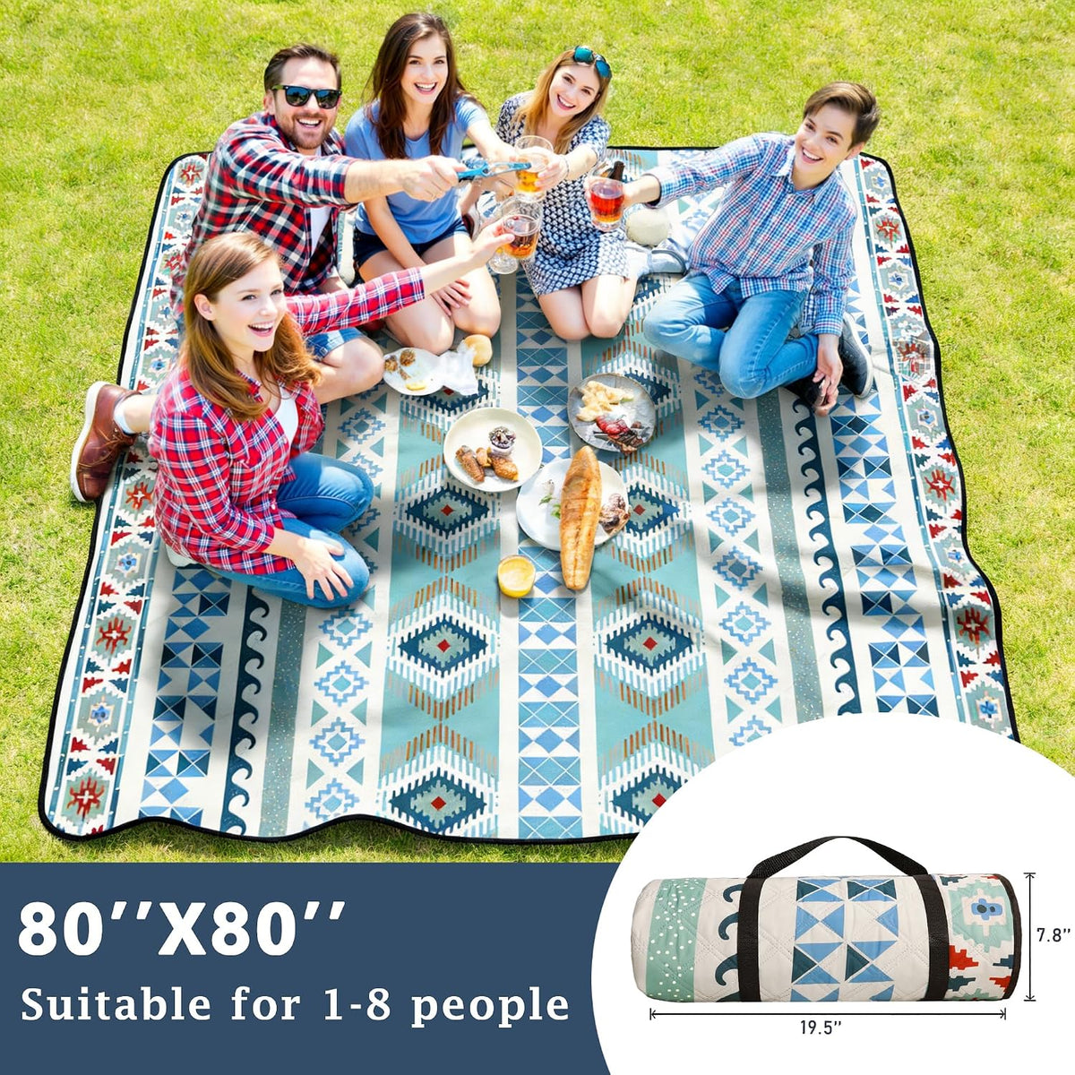 SAMSIER Large Outdoor Picnic Blankets Waterproof Foldable, Beach Blanket Sandproof Portable, Picnic Mat Washable for Camping (80"×80", Thickened)