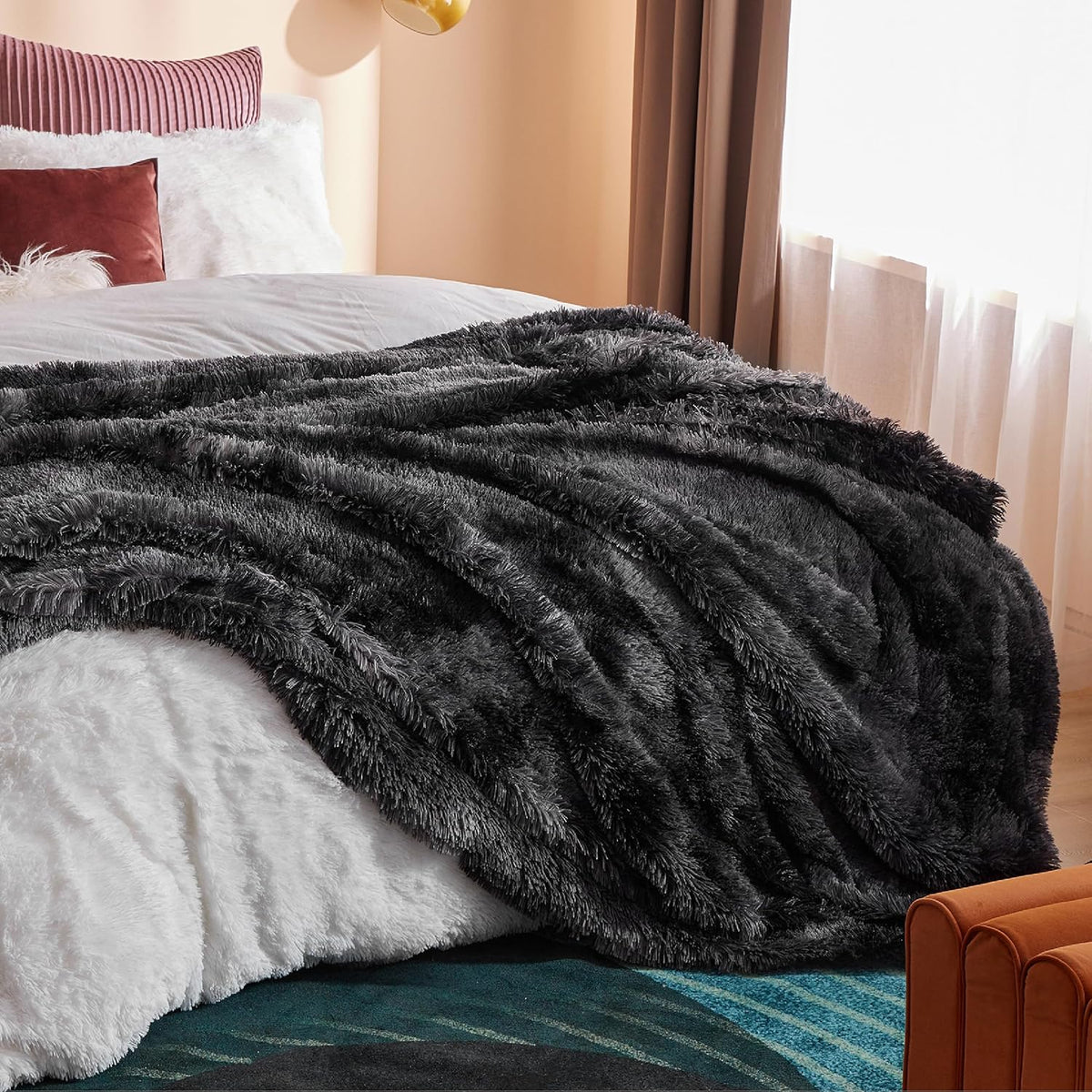 Bedsure Faux Fur Fluffy Sherpa Blanket Couch Throw Tie Dye Black 50"x60"