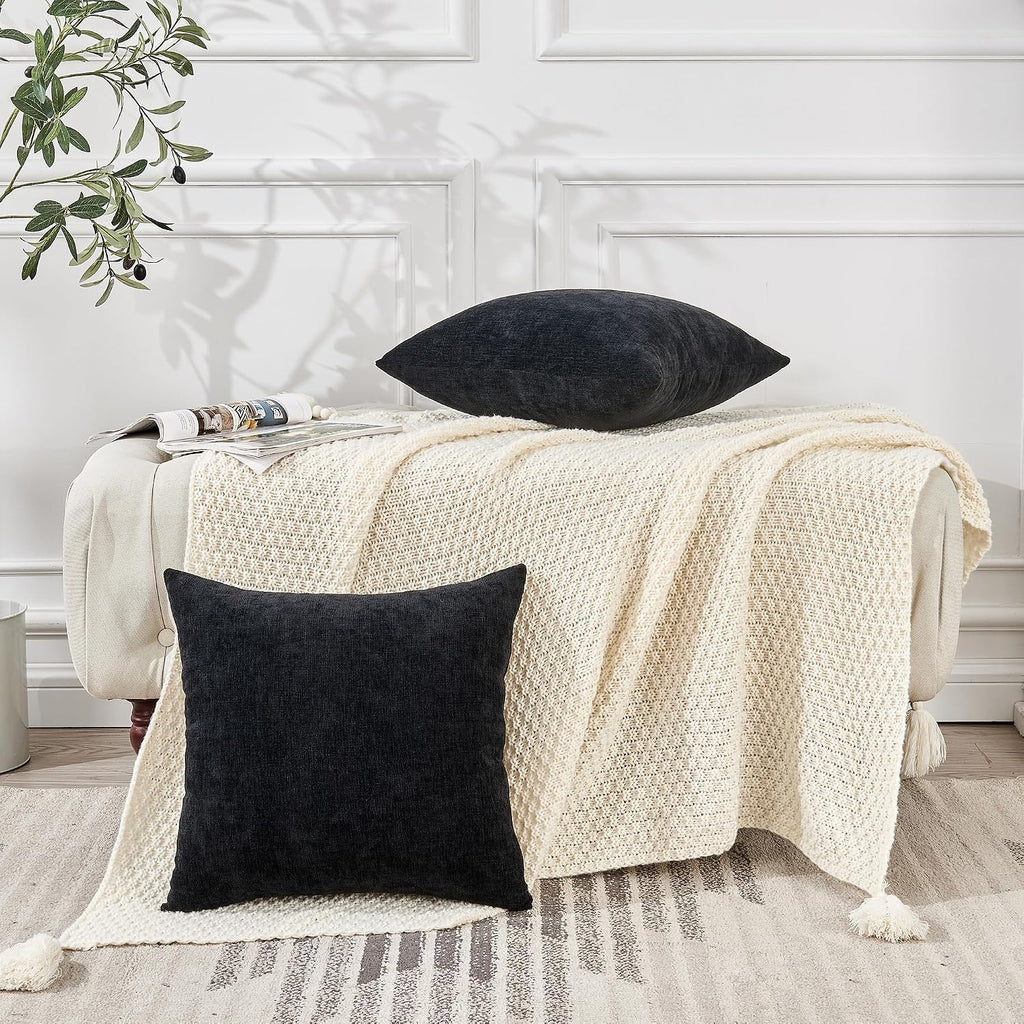 GAWAMAY Decorative Square Throw Pillow Covers 18"x18" Inch Set of 2, Super Soft Chenille Pillows Farmhouse Fall Pillowcase for Living Room Bedroom Sofa Couch Cushion Cover Black 45x45cm (No Insert)