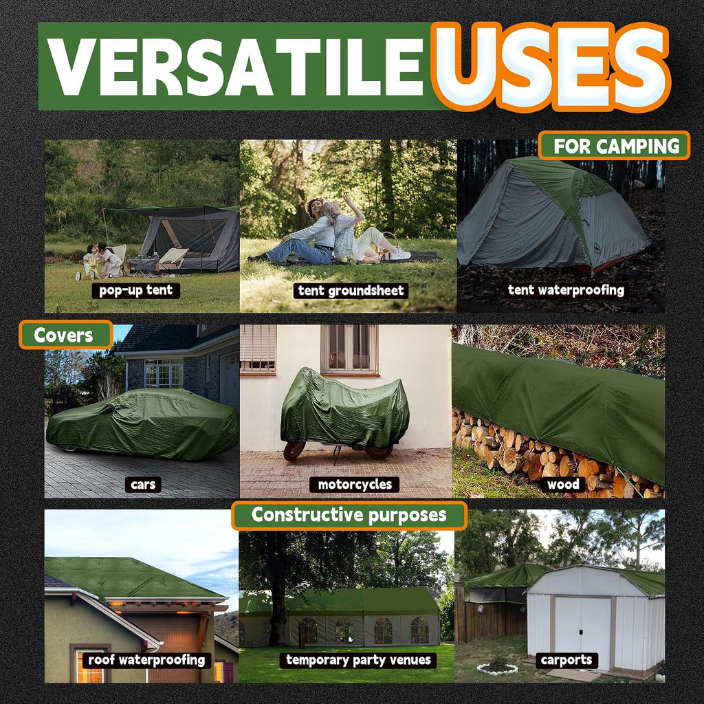 RAINDEWAY 8x8 Feet Tarp Waterproof,9Mil Green/Black Poly Tarps Cover
