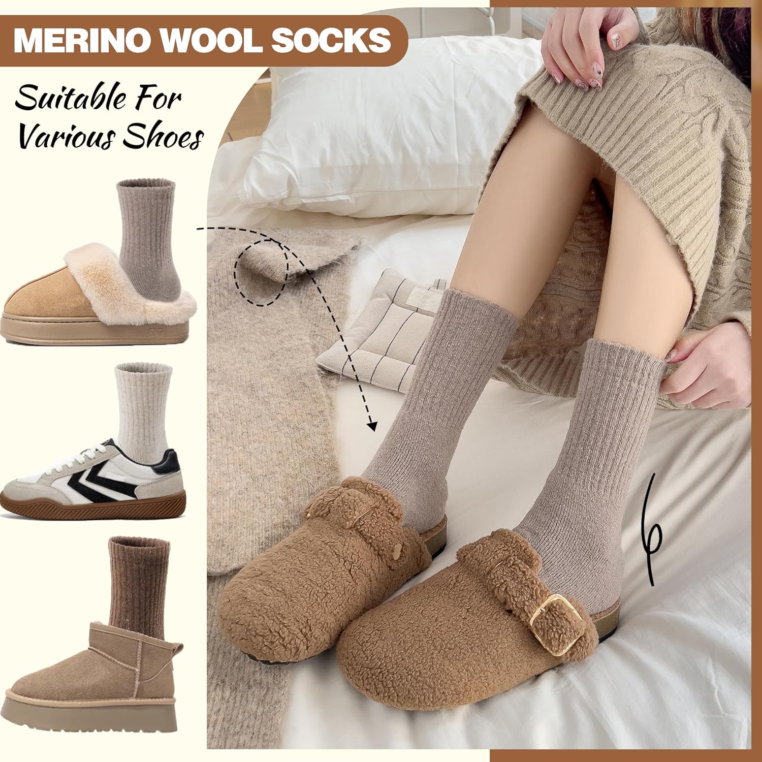 EBMORE 5 Pairs Women Merino Wool Boot Socks Warm Thermal Winter Thick Hiking Cozy Cabin Crew Comfy Socks for Ladies