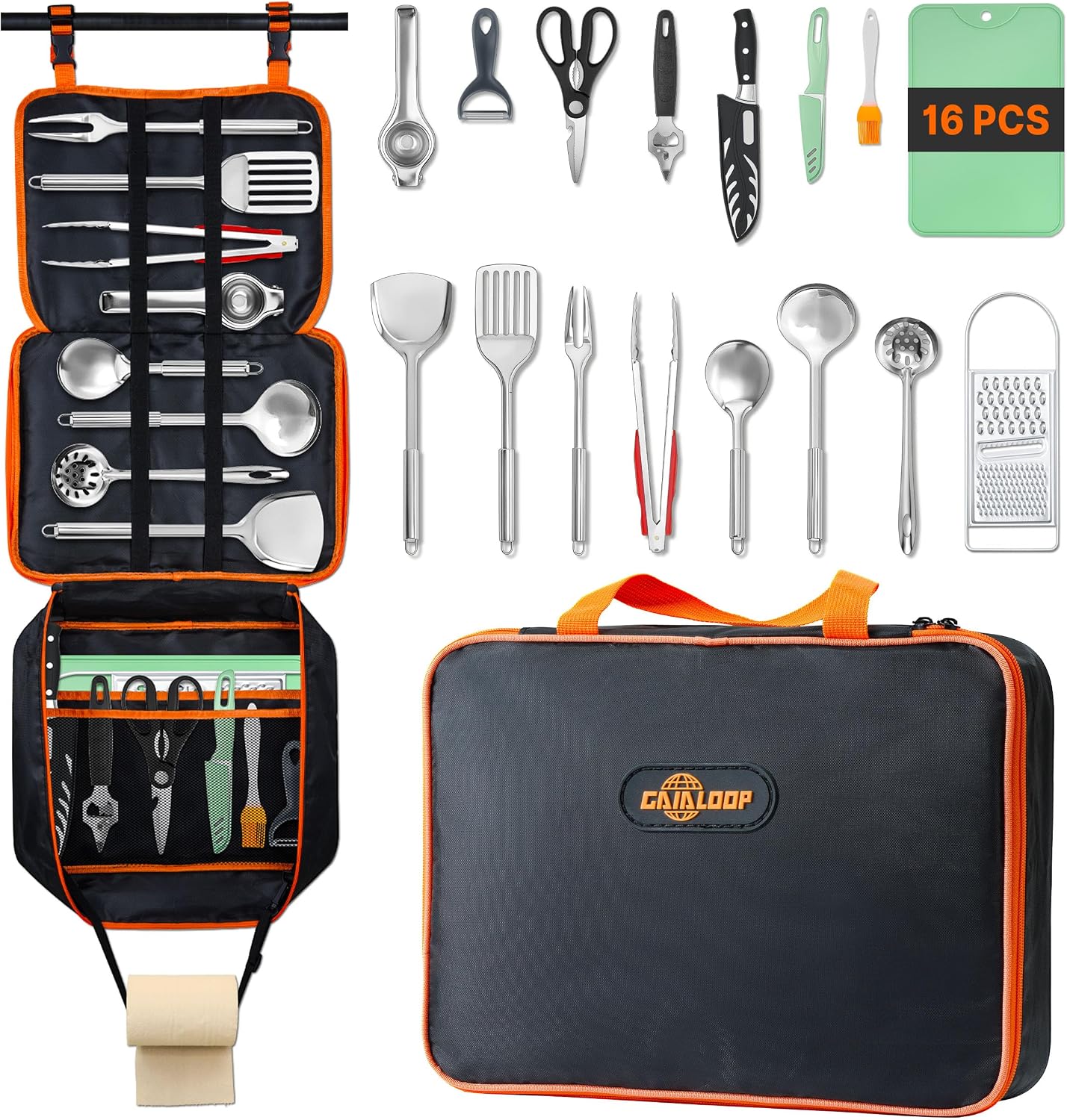 Gaialoop Portable Camping Cooking Utensils Set, Camp Kitchen Set with Organizer Bag, RV Essentials Outdoor Cooking Utensil Kit for Travel, Picnics, Camping, BBQs, Parties