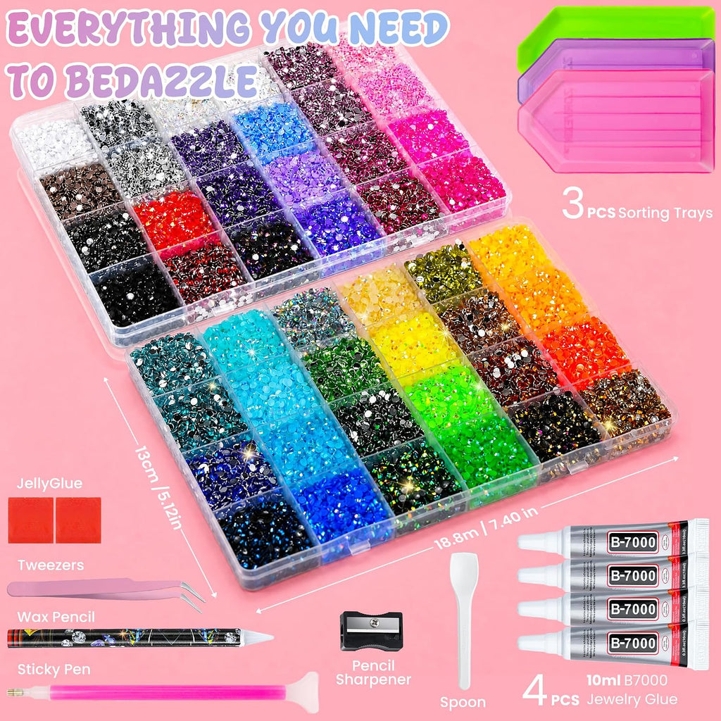 70000Pcs 48 Colors Bedazzling Kit 2 Boxes with Rhinestones, 3mm Resin Flatback Rhinestones with 4 Pcs B7000 Jewelry Glue & Tools, Diamond Art All-in-One Bedazzling Kit for DIY Arts & Crafts Gifts