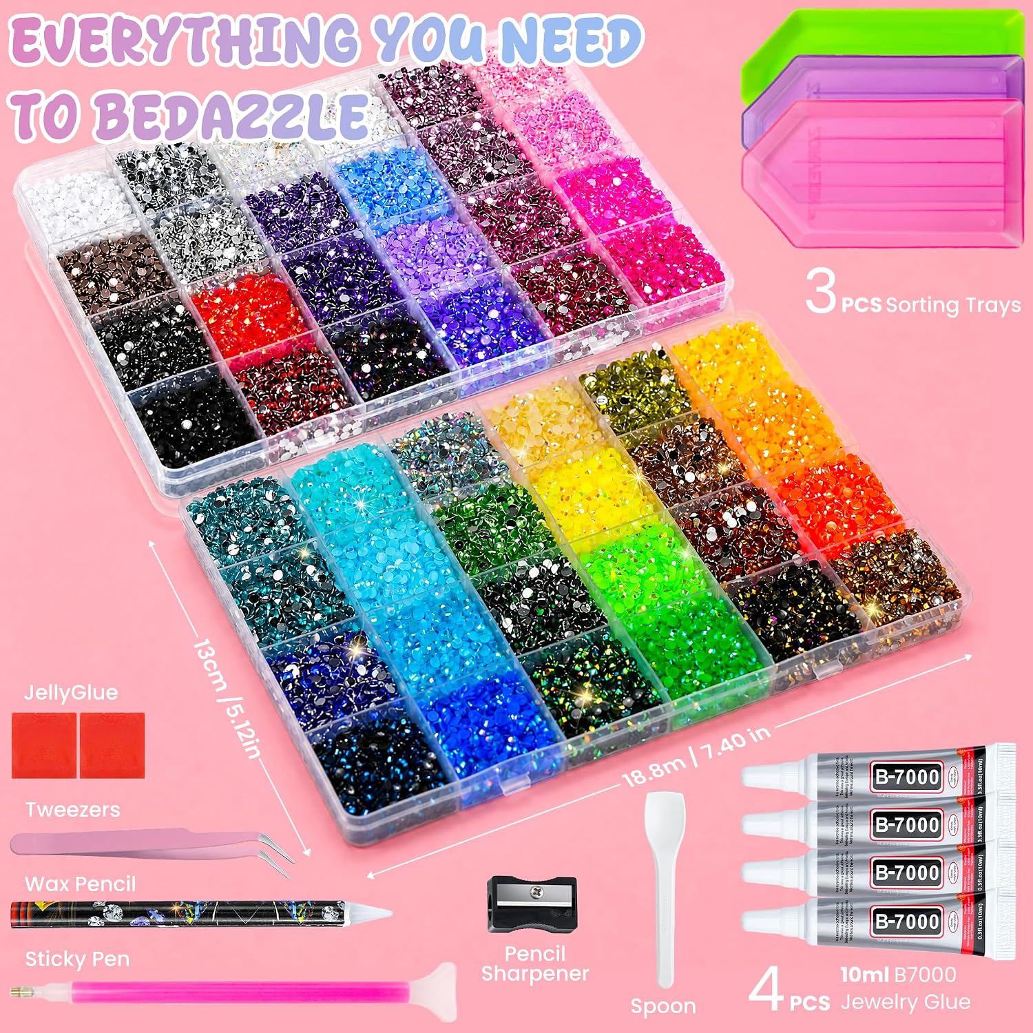 70000Pcs 48 Colors Bedazzling Kit 2 Boxes with Rhinestones, 3mm Resin Flatback Rhinestones with 4 Pcs B7000 Jewelry Glue & Tools, Diamond Art All-in-One Bedazzling Kit for DIY Arts & Crafts Gifts