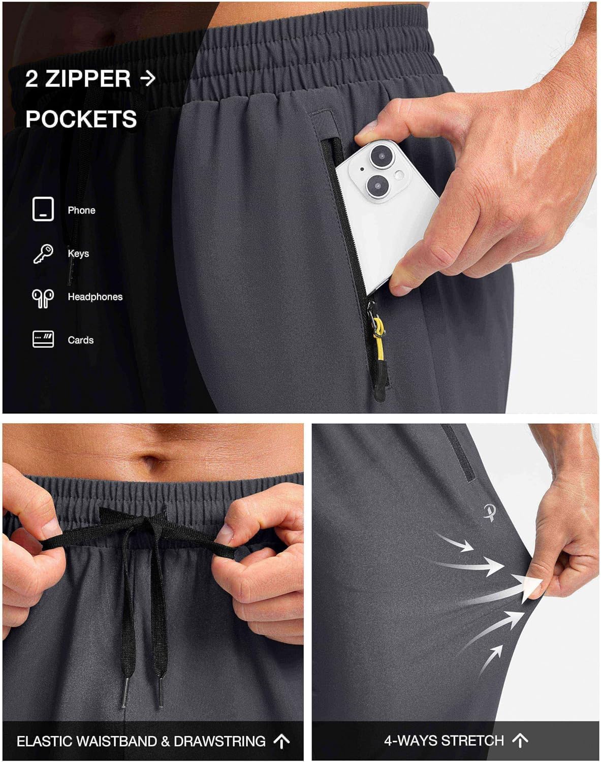 Pudolla Men's Lightweight Hiking Pants Quick Dry Outdoor Sweatpants with Zipper Pockets for Athletic Workout Casual Travel
