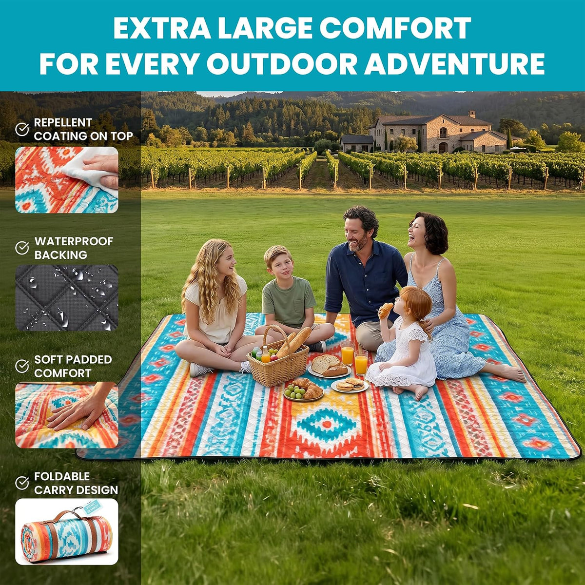 Picnic Blanket Waterproof 80”x80” Extra Large Beach Blanket for 6-8 People, Foldable Outdoor Blanket with Boho Southwestern Design for Camping, Travel, Park & Lawn