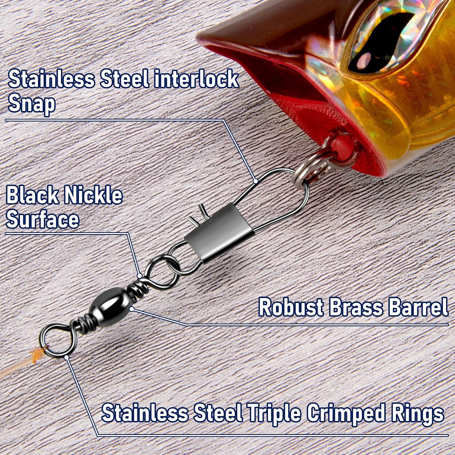 Alwonder 100-Pack Fishing Snap Swivels, Barrel Swivels Fishing Tackle with Snaps Freshwater, Stainless Steel Safty Interlock Snap Swivel Black Nickel Coated Lure Hook Connector Quick Change Clips
