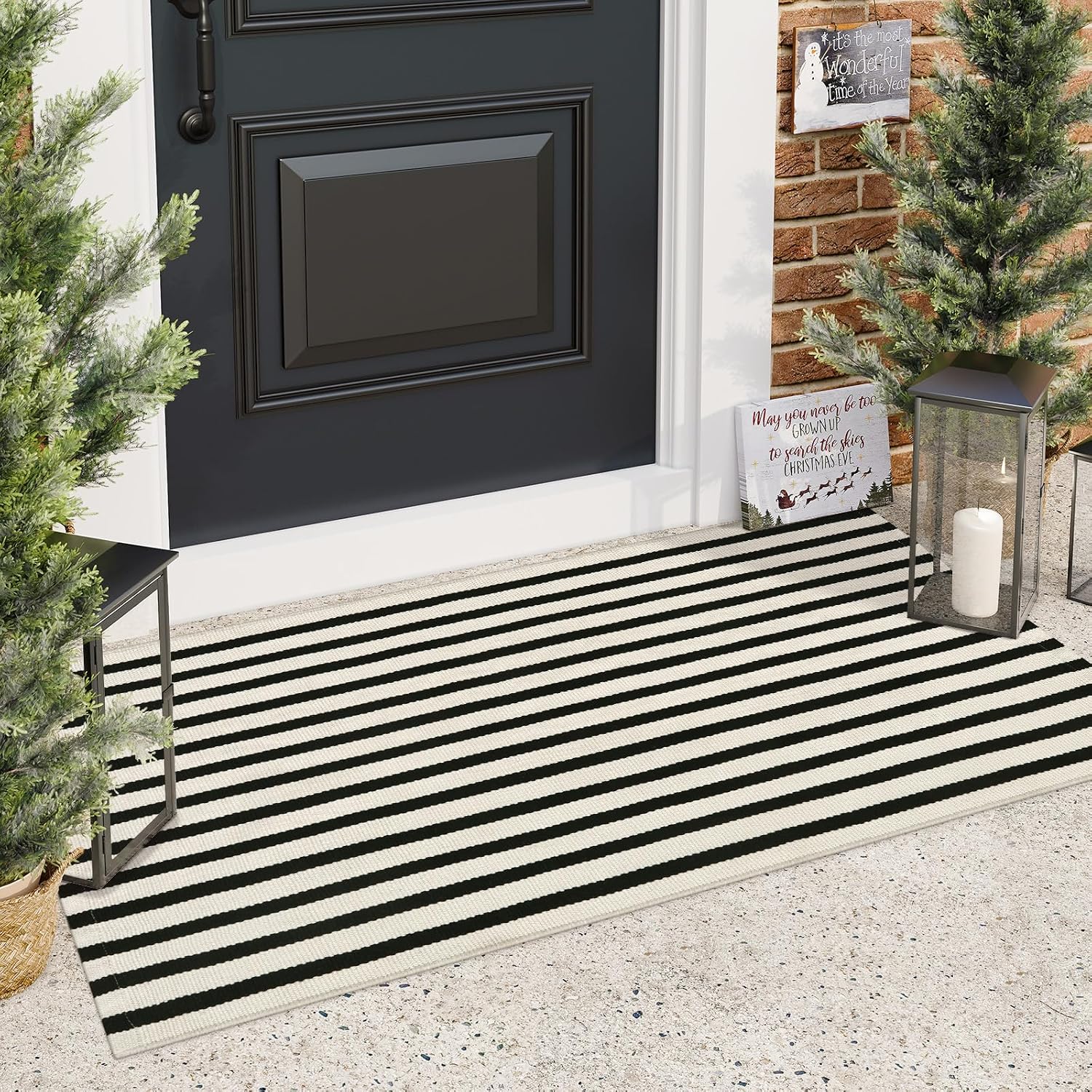 Fall Front Door Mat 2'x4.3', Cotton Washable Striped Outdoor Rug