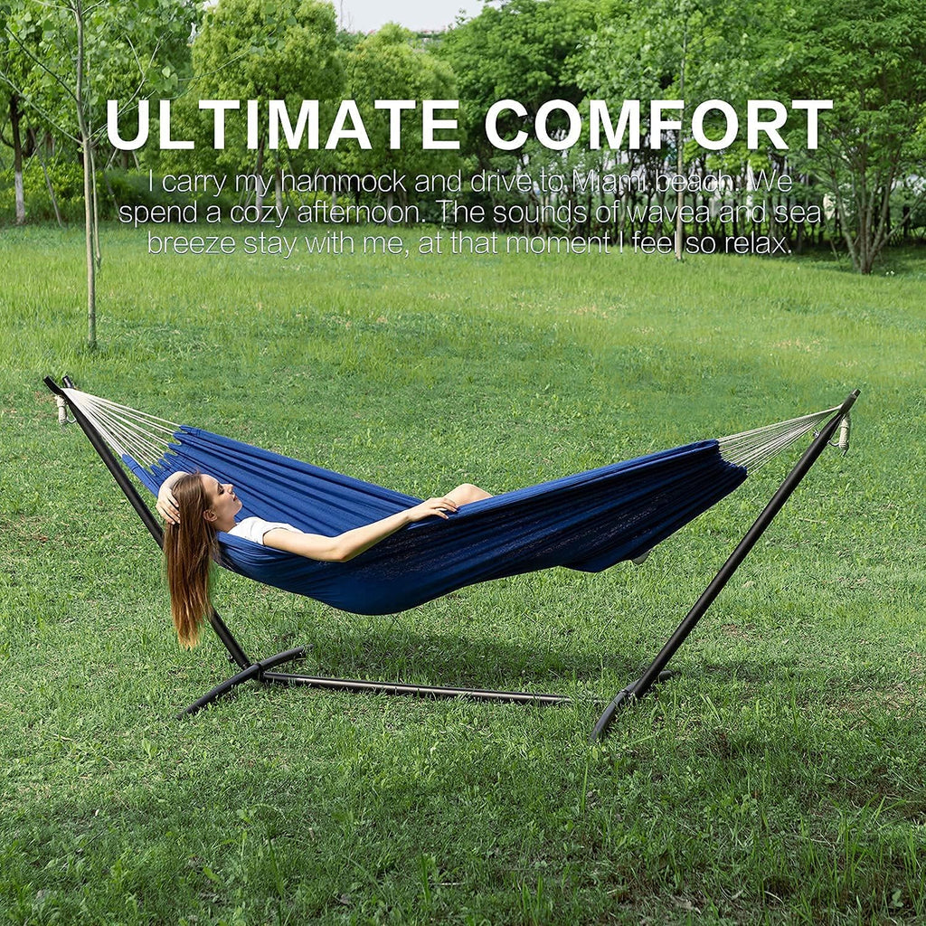 PNAEUT Double Hammock with Stand for Outside, Heavy-Duty, Portable (Navy)