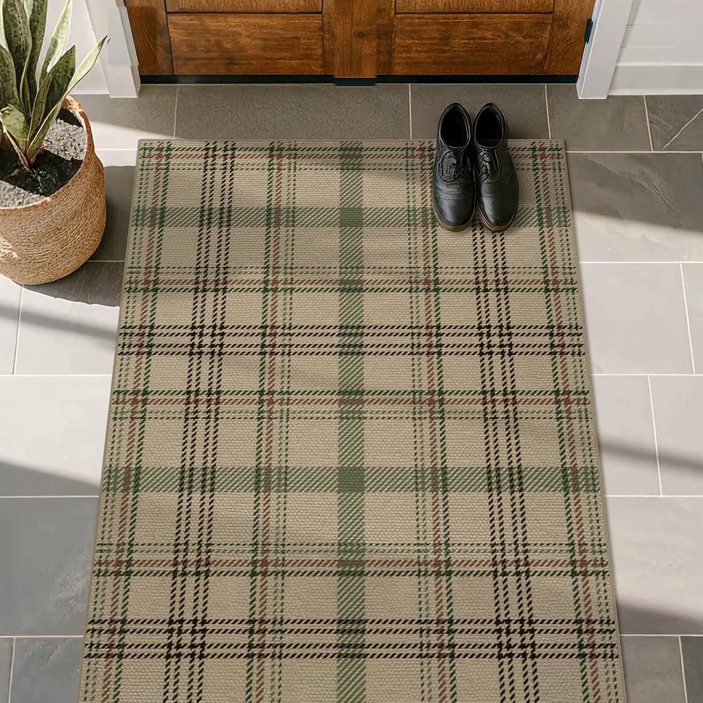 JTJ Easy Jute Outdoor Rug 3x5, Washable Farmhouse Plaid for Front Porch and Entryway, Non Slip Mat for Kitchen, Mudroom and Indoor Spaces, Sage Green