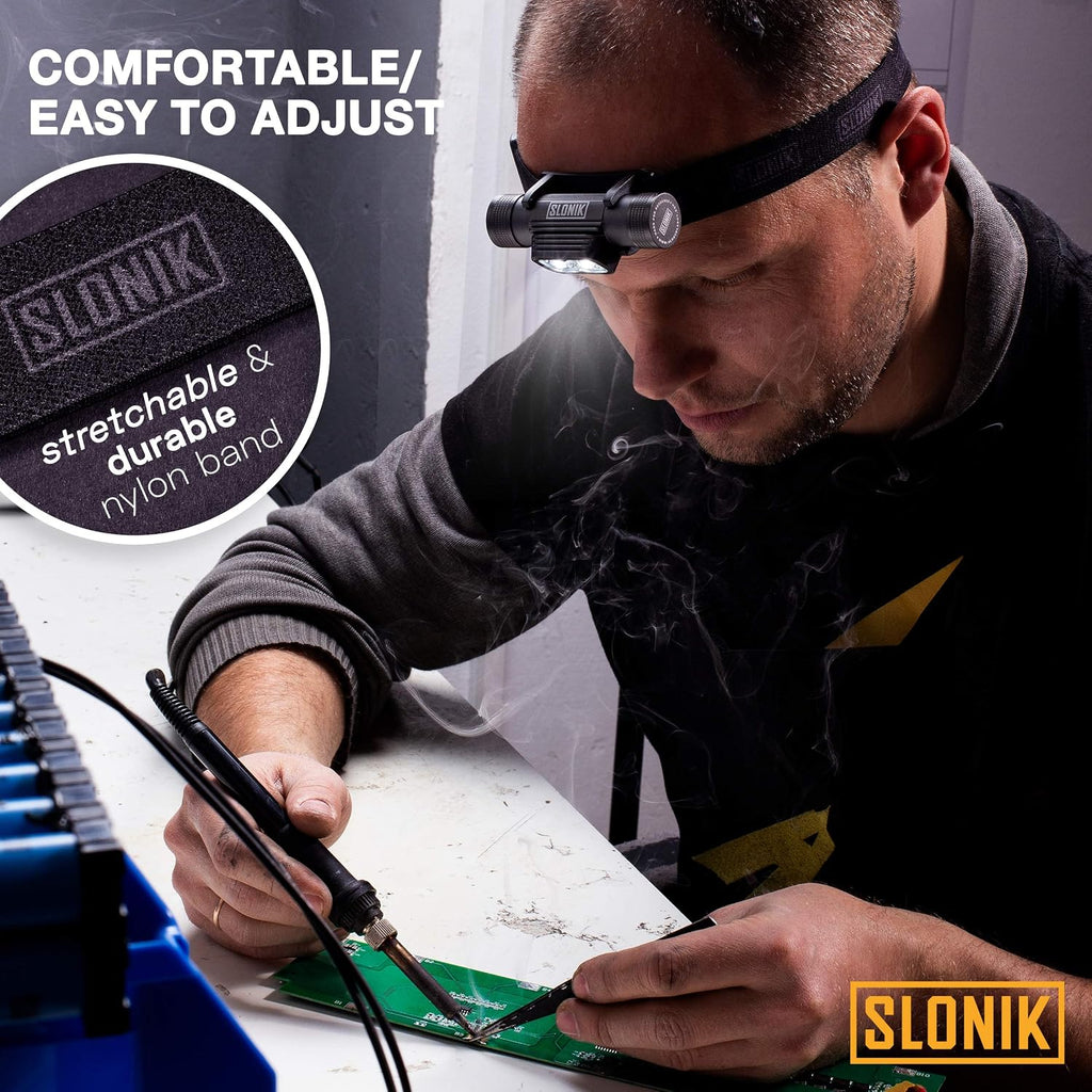 SLONIK Rechargeable Headlamp for Adults - 1000 Lumens Super Bright 60 ft Beam LED Flashlight - Lightweight, Heavy-Duty, IPX4 Waterproof Hard Hat Light - Camping Gear, Running Headlight, Black