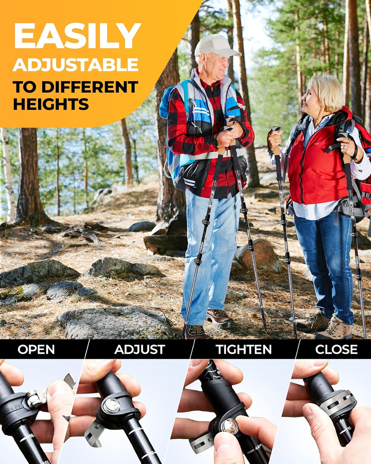 Foxelli Trekking Poles – Lightweight Collapsible Aircraft Grade Aluminum Hiking Poles with Cork Grips Quick Locks & All-Terrain Accessories – Pair of 2