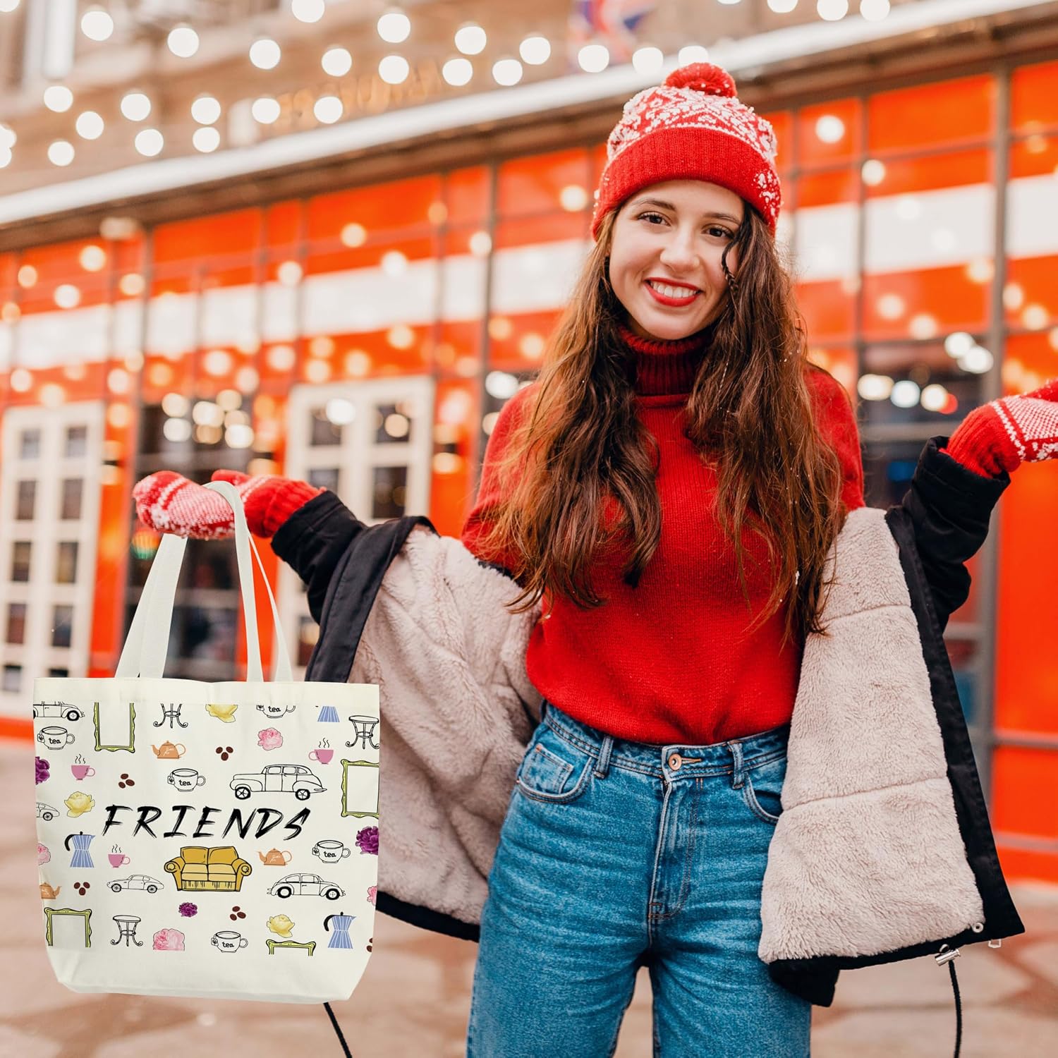 Friends Canvas Tote Bag, TV Show Gifts Tote Bags for Women, Friendship Gifts for Besties, Reusable Cloth Cotton Bags for Travel Shopping Beach - O01