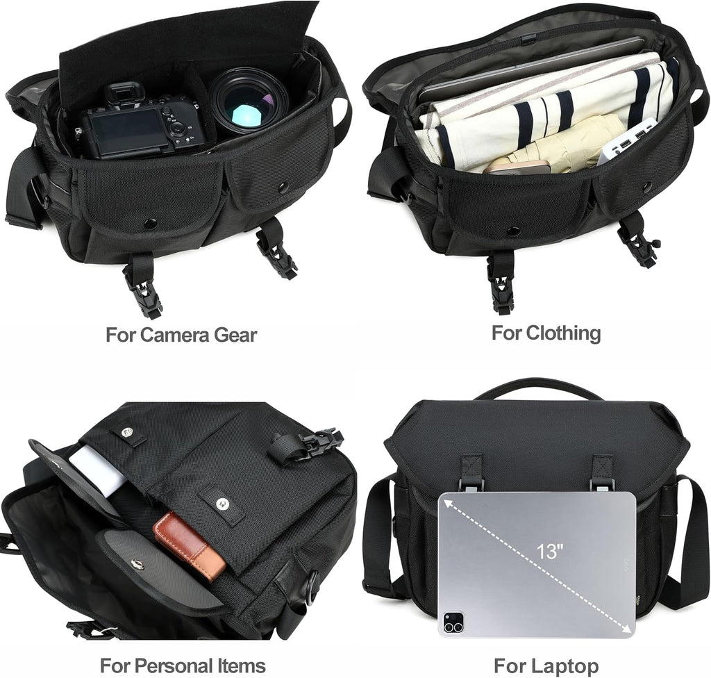 Padwa Lifestyle Black Camera Bag - Nylon Flap Camera Photography Bag with Removable Lining for Single Shoulder & Crossbody and Hand Carry,Weather Resistant Casual Camera Bag for Cameras & Drone