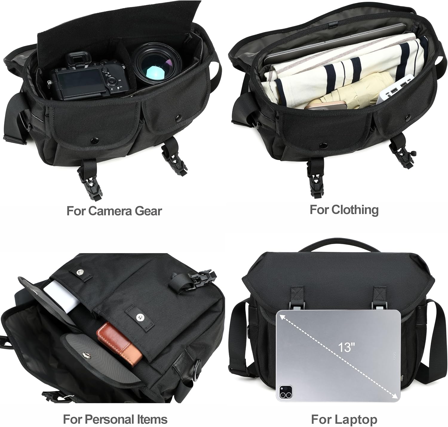 Padwa Lifestyle Black Camera Bag - Nylon Flap Camera Photography Bag with Removable Lining for Single Shoulder & Crossbody and Hand Carry,Weather Resistant Casual Camera Bag for Cameras & Drone