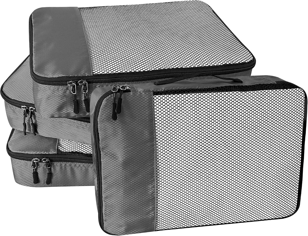 WTREE 4-Piece Packing Cubes Travel Accessories Set for Suitcases - Luggage Organizer Bags with Double Zipper - Mesh Top - Small/Medium/Large/Slim - Grey