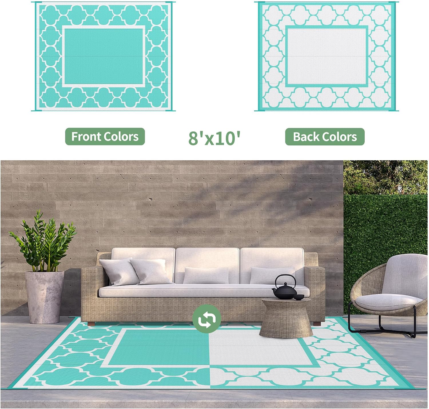 GENIMO Outdoor Rug, Waterproof Plastic Rugs for Patio, 8'x10' Aqua Blue