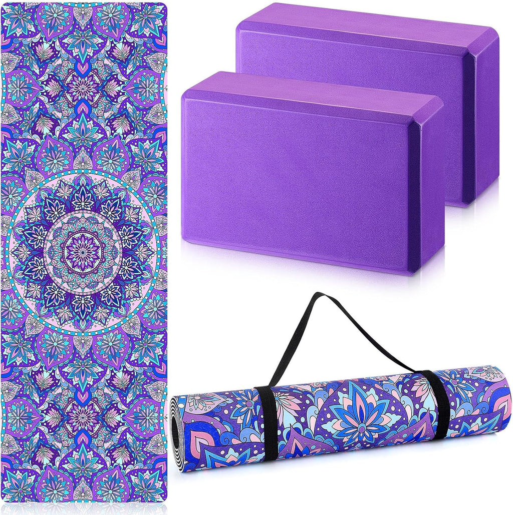 Tinideya 3 Pcs Yoga Mat and Blocks Set 6mm Non Slip Strap