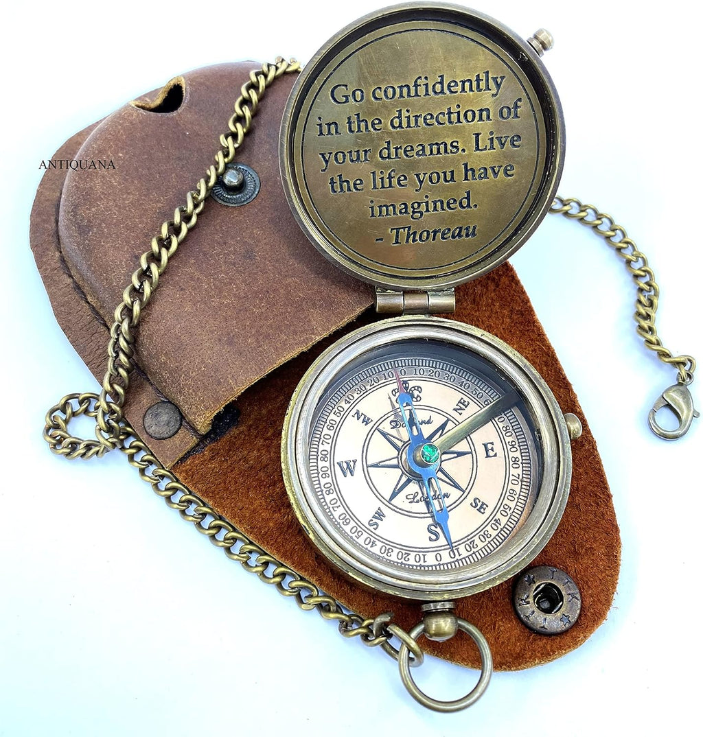 Brass Compass Unique Print Go Confidently Quote Compass With Leather Case Antique Brass Compass With Chain A Great Gift Item For Your Loved Ones Hikers And Traveler By