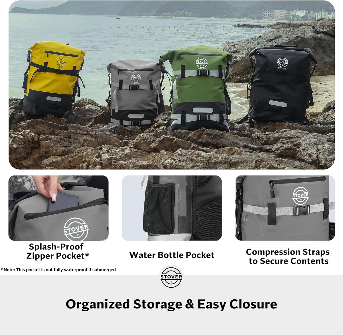 STOVER 30/40/55L Waterproof Dry Backpack & Phone Case- X-Large Floating Dry Bag for Kayaking, Travel, Hiking, Fishing, Camping, Motorcycles & Beach, Heavy-Duty Roll Top Men/Women (Grey)